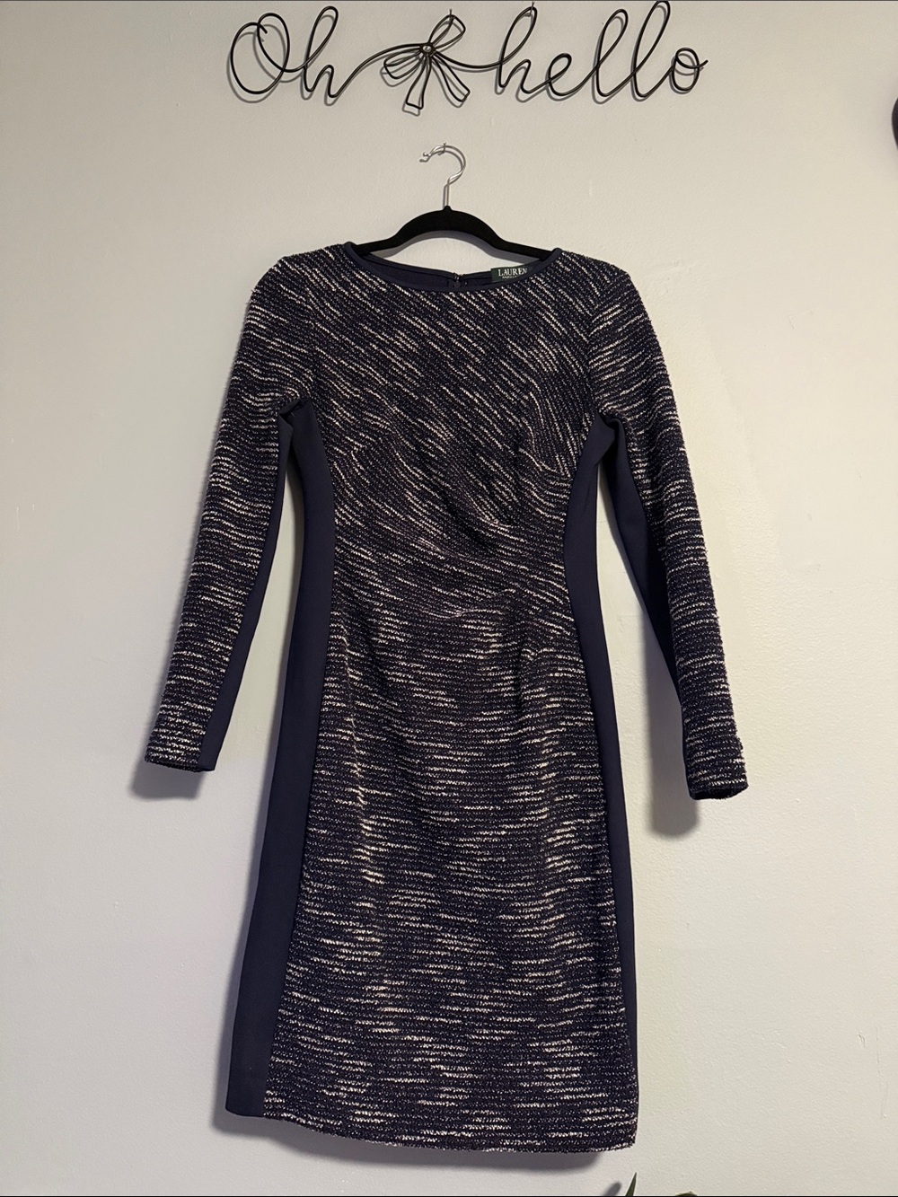 Lauren Ralph Lauren Navy and White Long-Sleeve Sheath Dress
